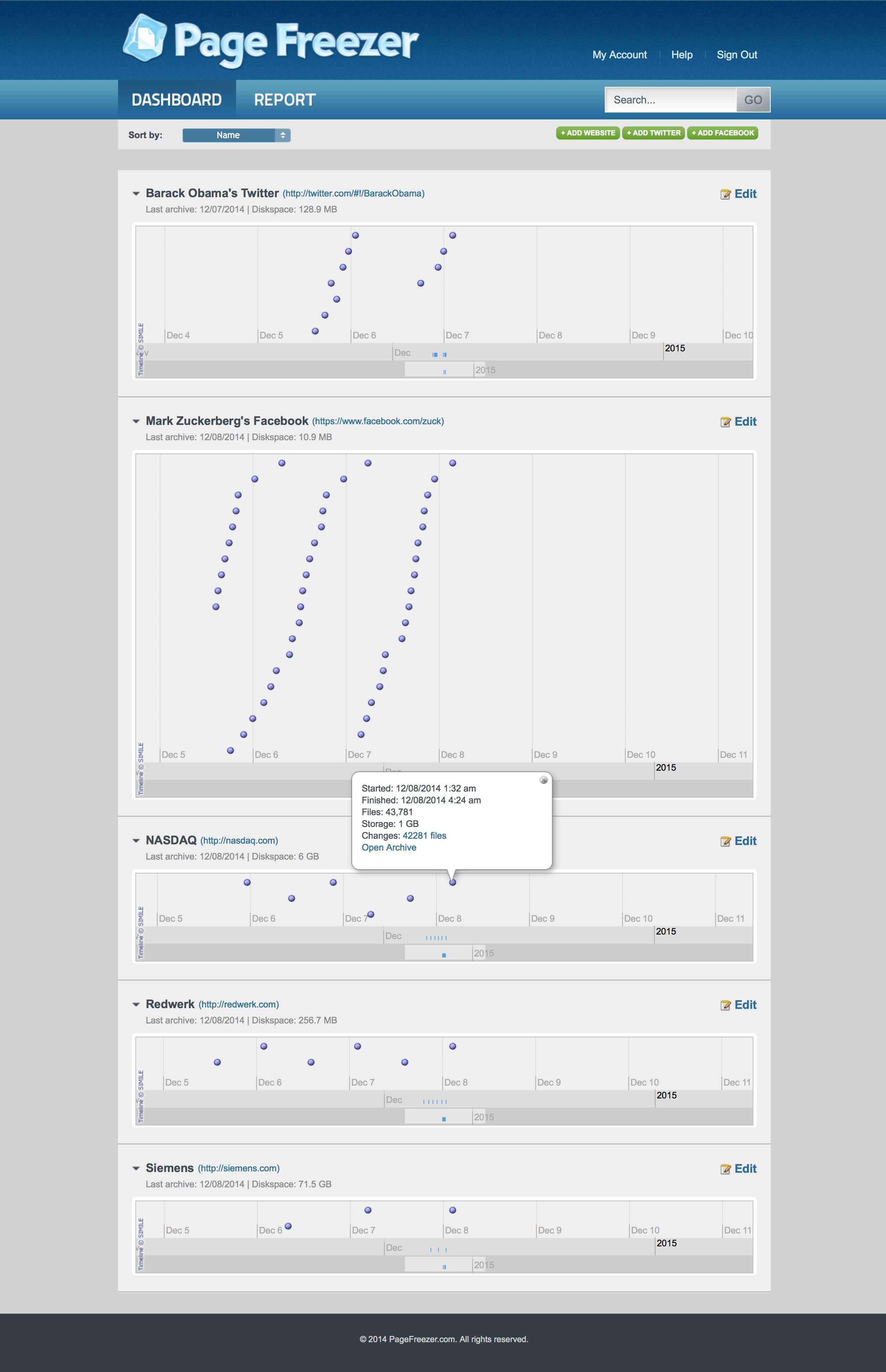 PageFreezer - website archiving tool PageFreezer tool dashboard