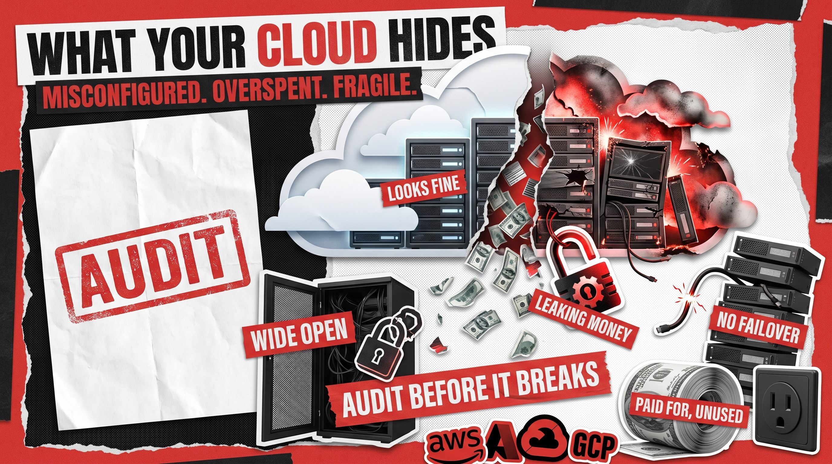 Poster-collage illustration of a cloud split into a healthy half and a cracked, money-leaking half, labelled misconfigured, overspent, and fragile