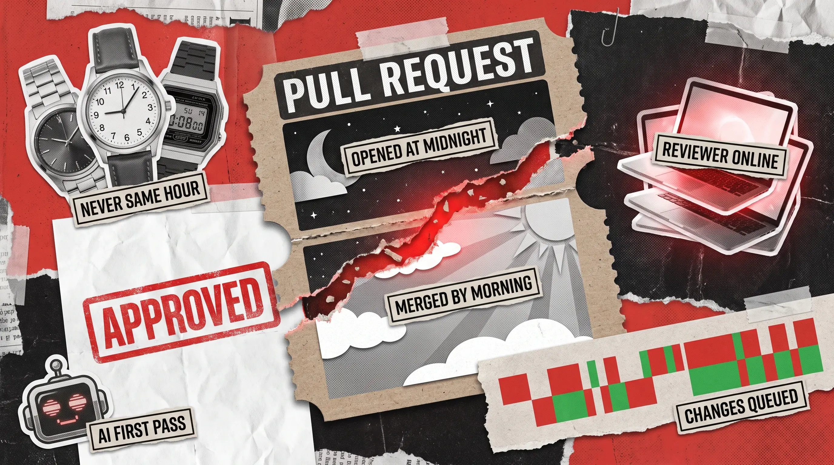 Poster collage cover: a torn PULL REQUEST ticket split into a midnight half and a morning half, surrounded by wristwatches, glowing laptops, an APPROVED stamp, and an AI sticker