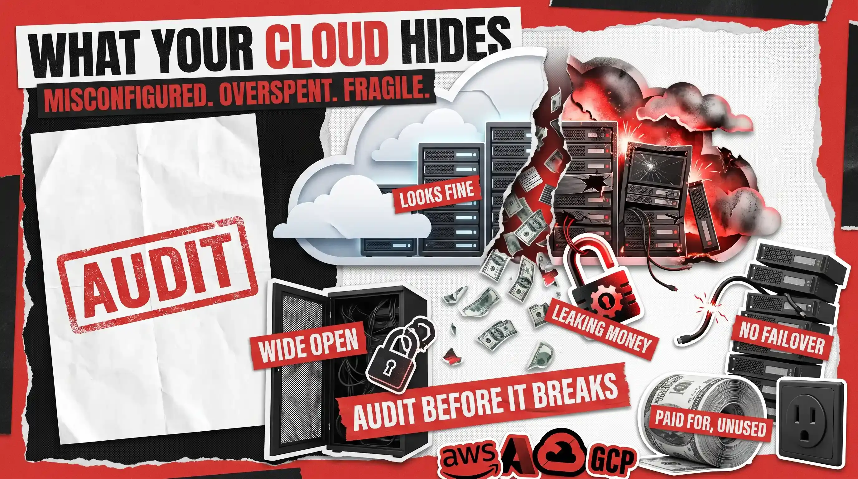 Poster-collage illustration of a cloud split into a healthy half and a cracked, money-leaking half, labelled misconfigured, overspent, and fragile