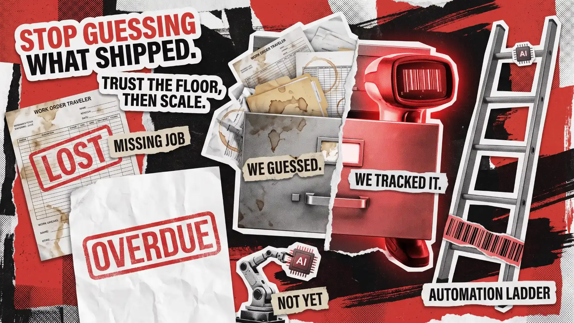 Digital transformation in manufacturing: paper work-order travelers stamped LOST and OVERDUE next to a red barcode scanner and an automation ladder