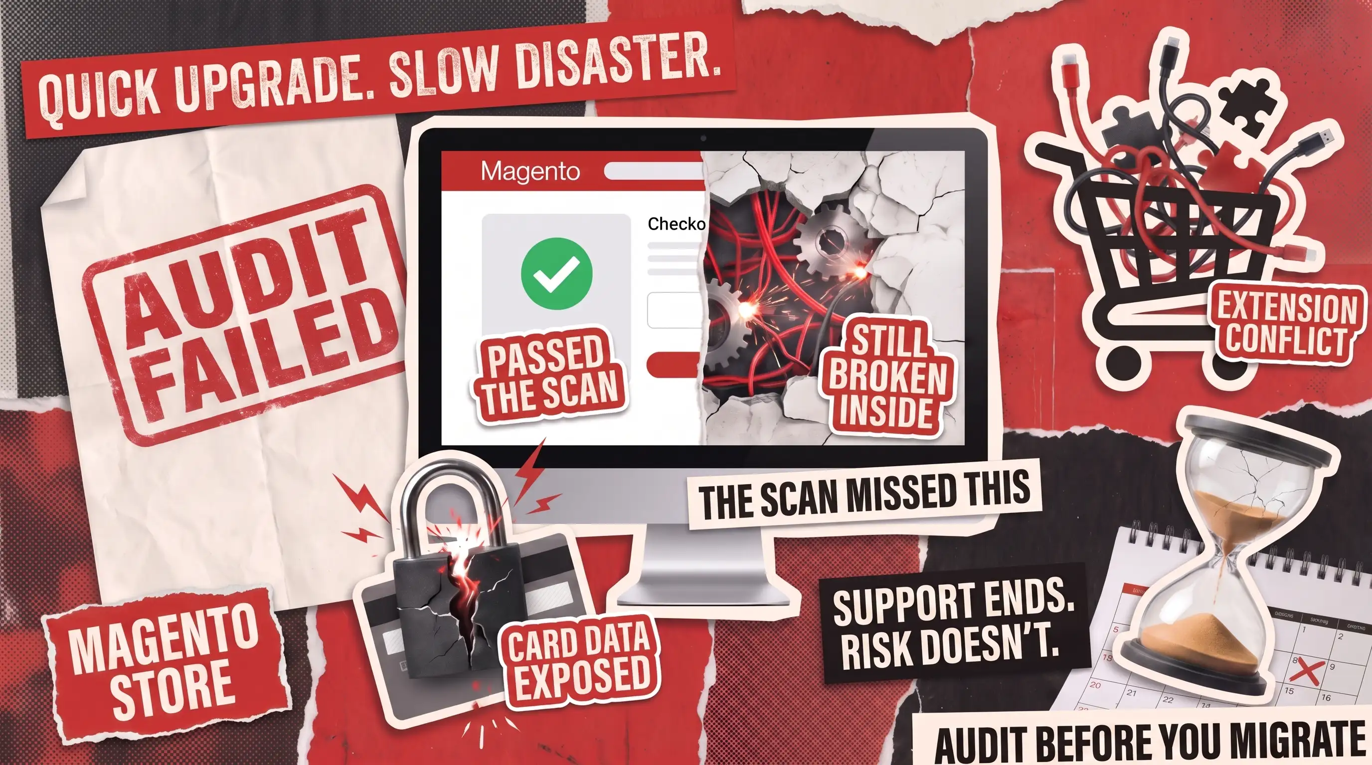 Split screen showing a Magento checkout that passed an automated scan on one side and cracked open with exposed wiring on the other, illustrating hidden risk a code audit finds