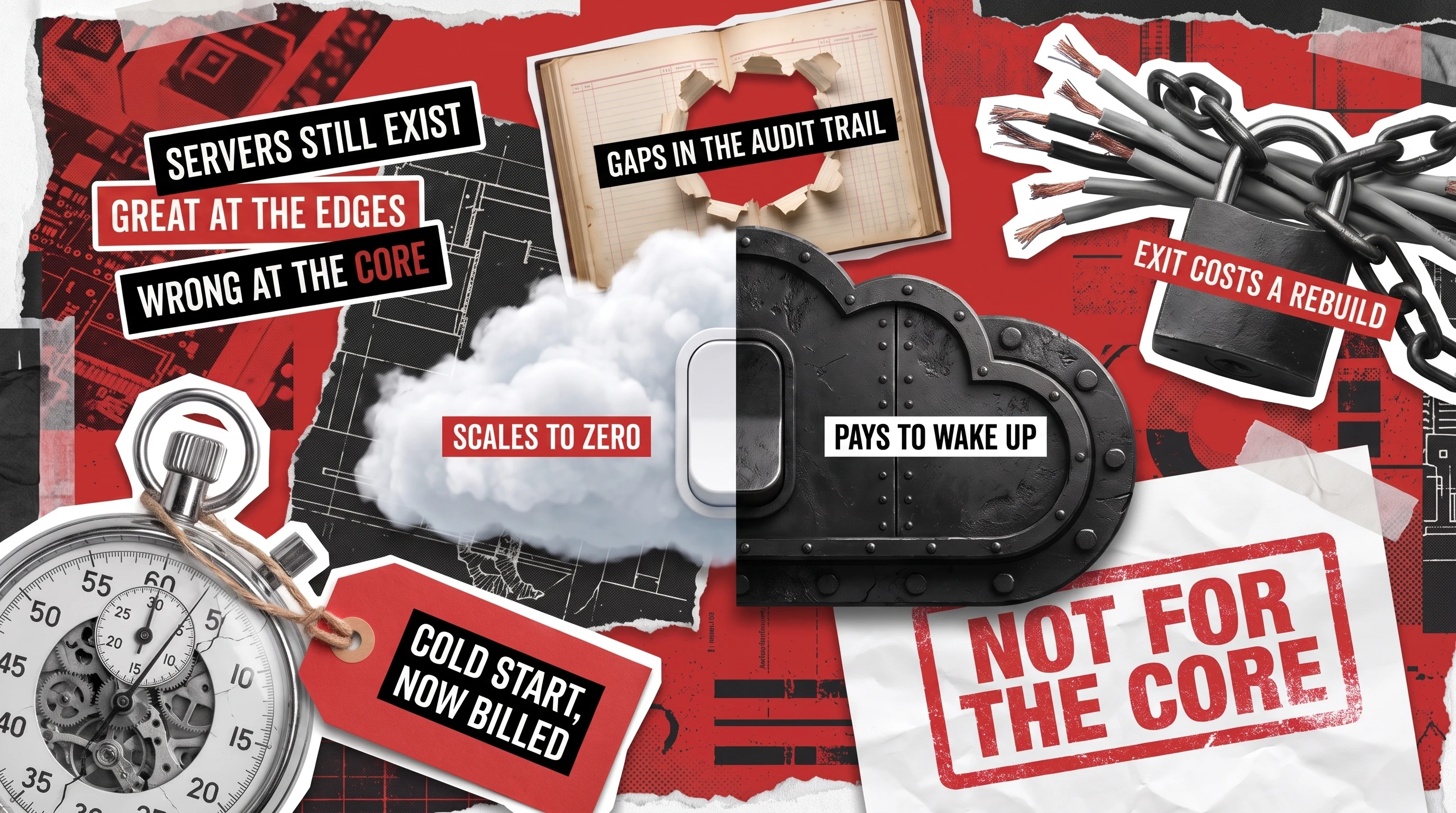 Torn red and black collage split down the middle: a white cloud that scales to zero on one side and an armoured cloud-shaped vault that bills for waking up on the other, with a holed audit ledger, a chained padlock and a stopwatch tagged for cold starts.