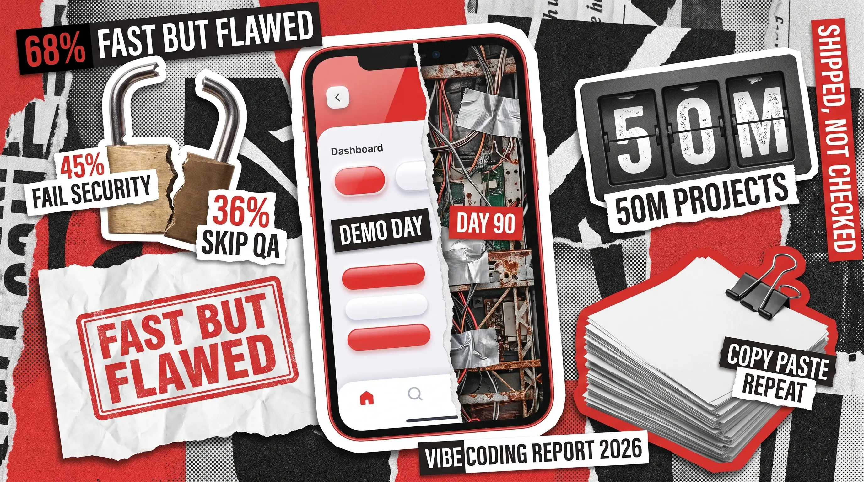 Editorial collage of a smartphone torn down the middle, one half a polished app screen and the other exposed wiring and duct tape, beside a snapped padlock, a red rubber stamp, and a flip counter