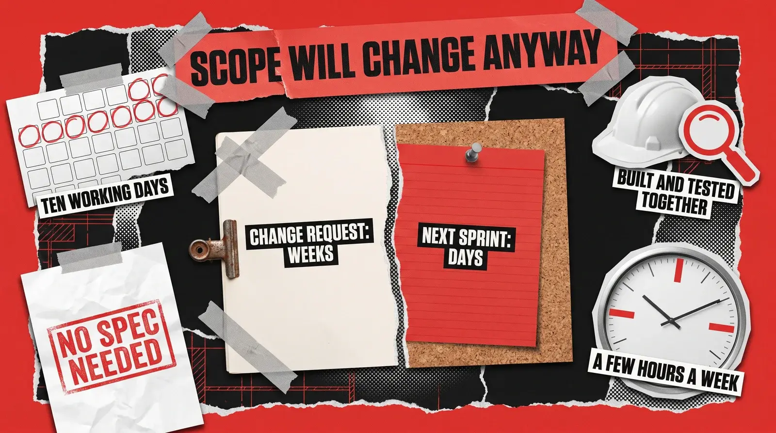 Torn paper collage: a blank change-request form clipped shut, labelled change request in weeks, against a red card pinned to cork, labelled next sprint in days