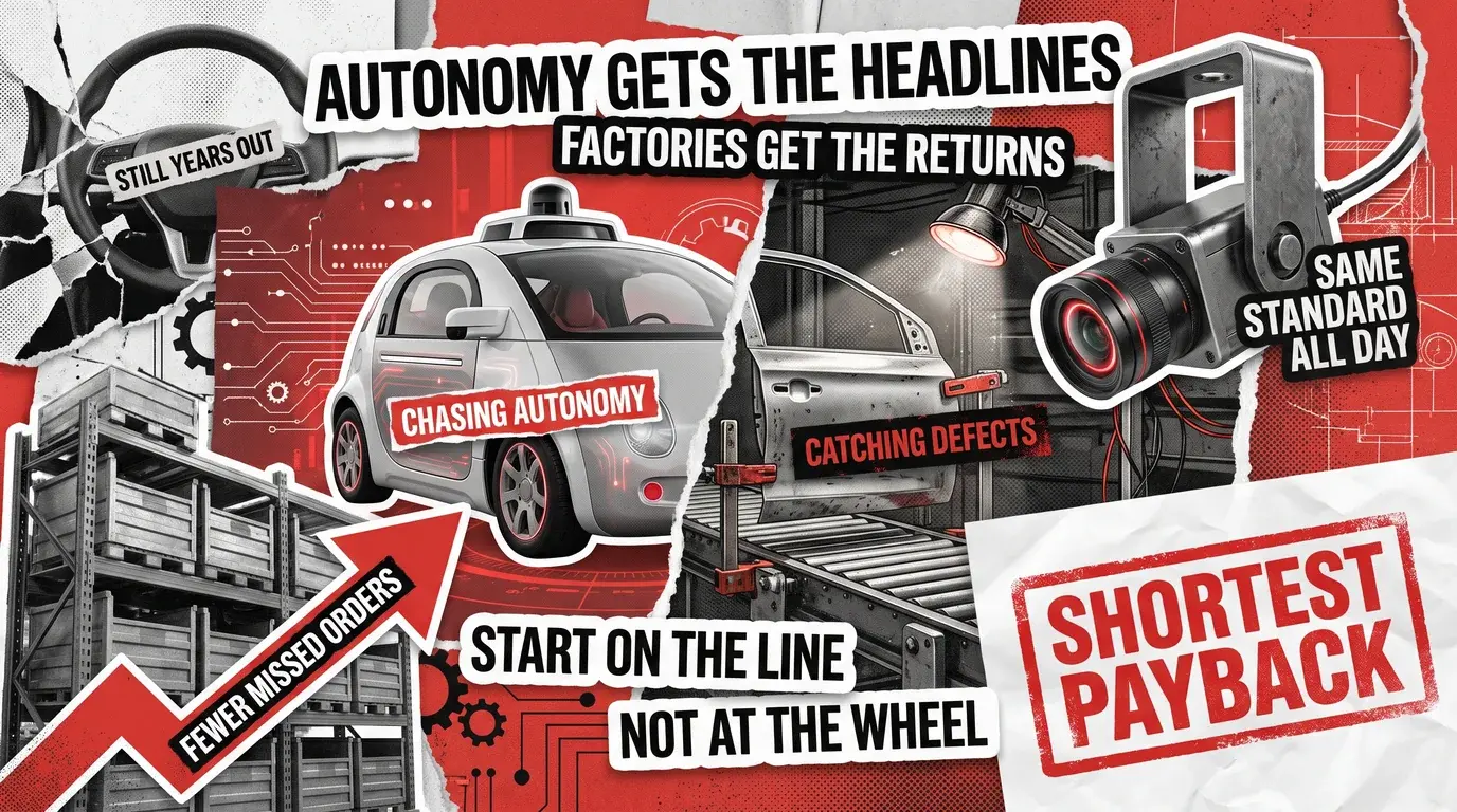 Poster collage contrasting an autonomous concept car with a car door panel inspected by a camera on a production line