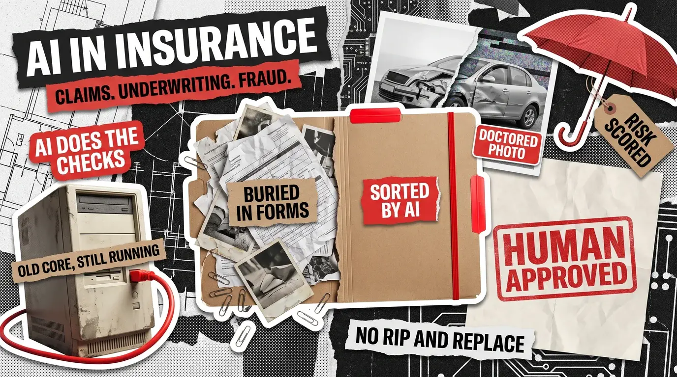 Poster collage cover for AI in insurance: a claim folder split between a pile of forms and a sorted file, a doctored car photo, an old core computer, a red umbrella tagged risk scored, and a Human Approved stamp