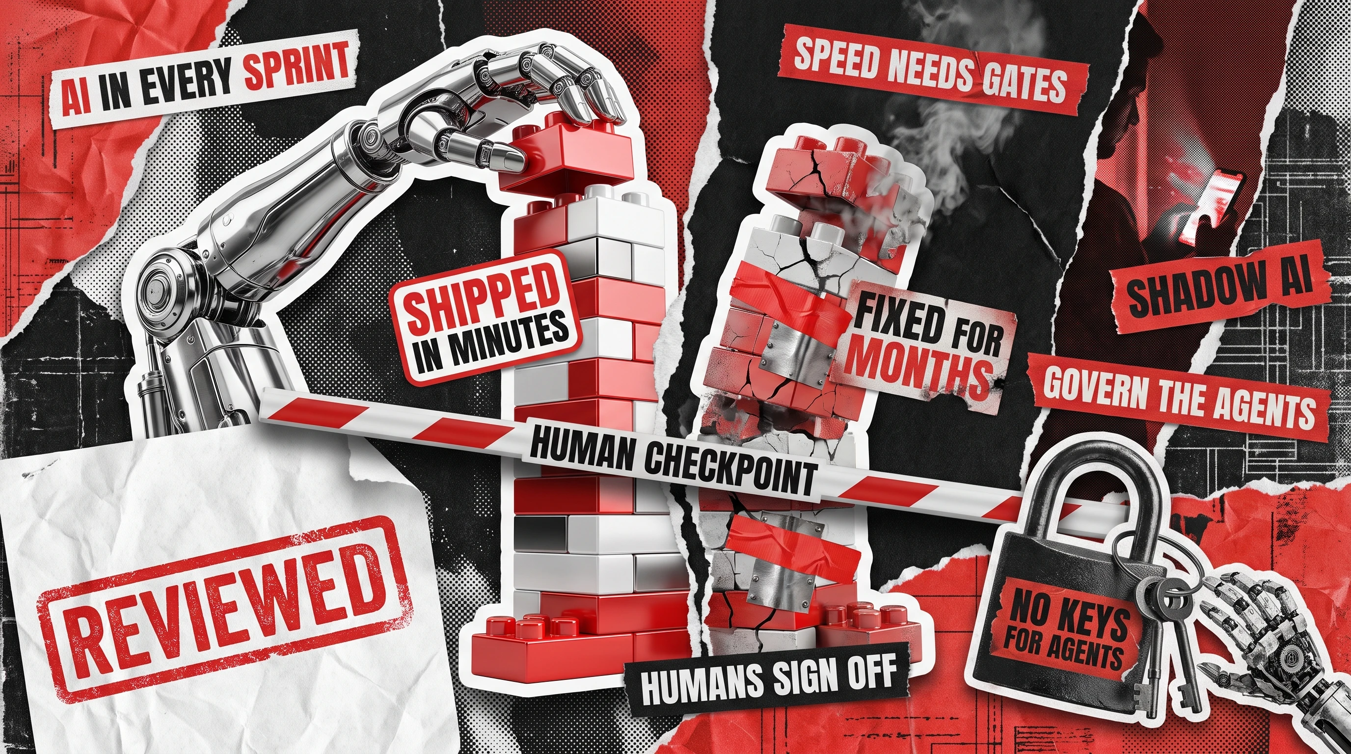 Collage of a robotic arm stacking blocks, a lowered barrier labeled human checkpoint, a REVIEWED stamp, and a padlock labeled no keys for agents