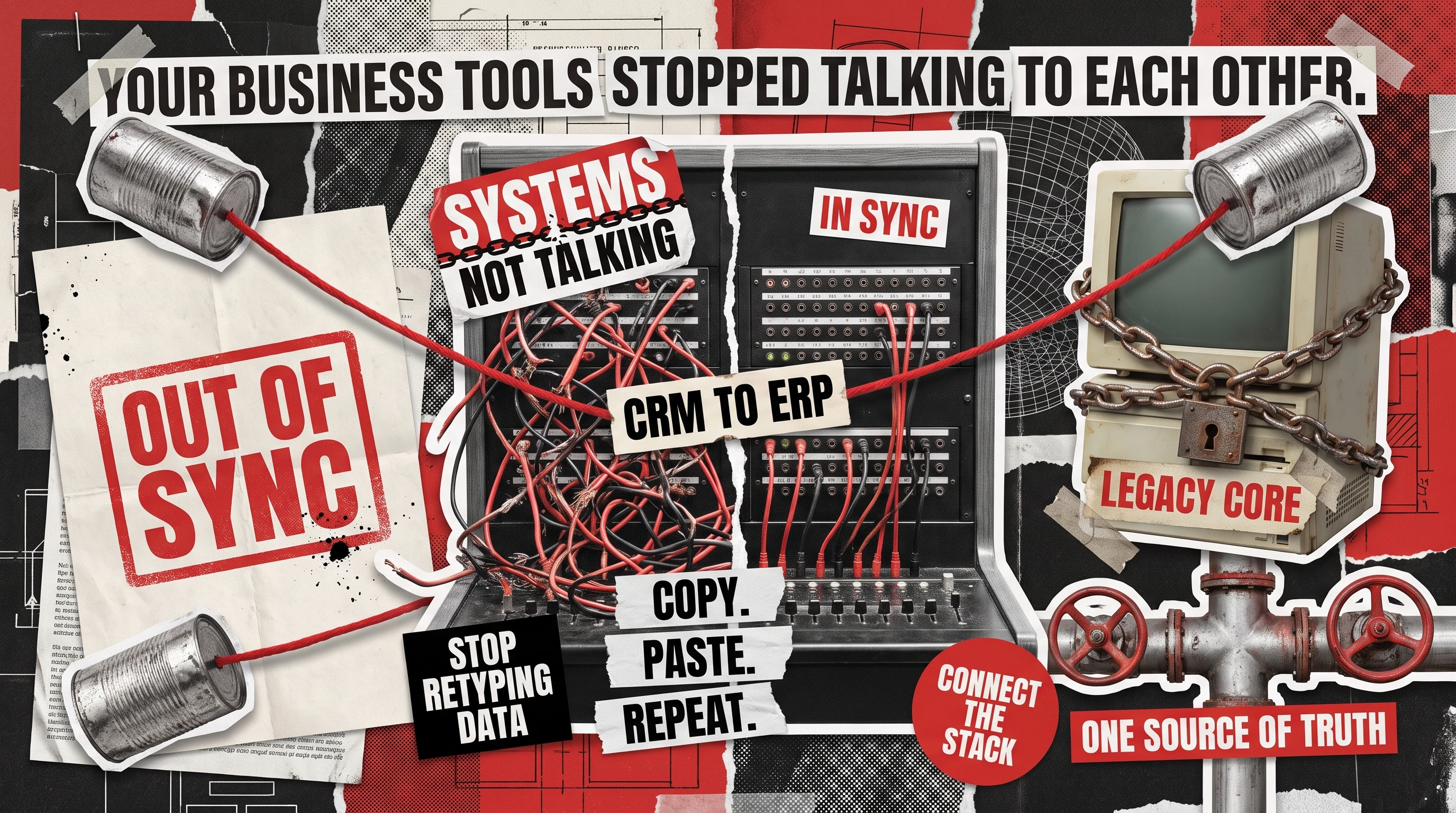 Collage of a tangled telephone switchboard, tin-can phones and a chained legacy computer illustrating business systems that no longer talk to each other