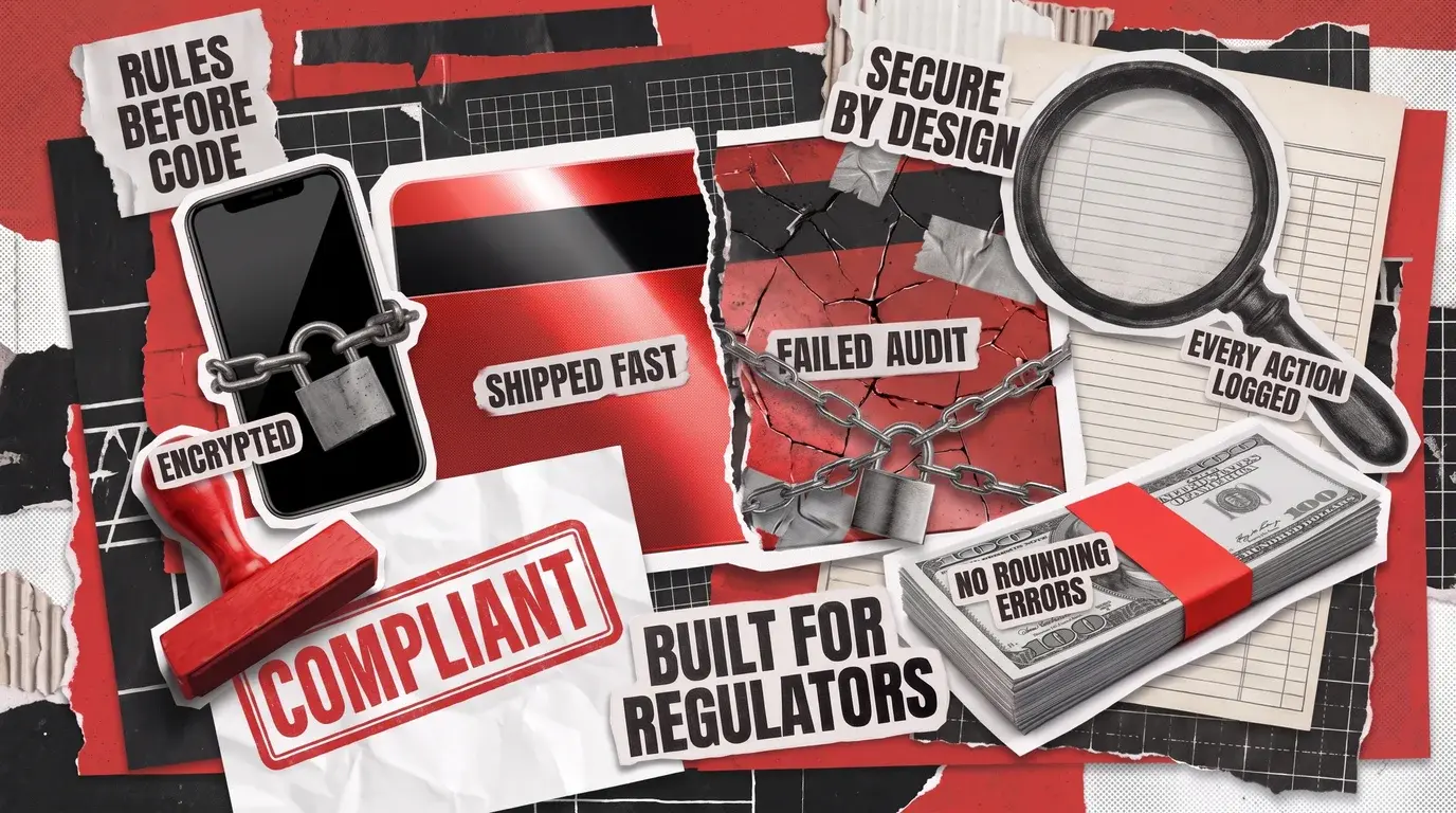 Collage cover: a bank card split into SHIPPED FAST and FAILED AUDIT halves, a padlocked phone, a COMPLIANT stamp, banknotes, and a magnifying glass