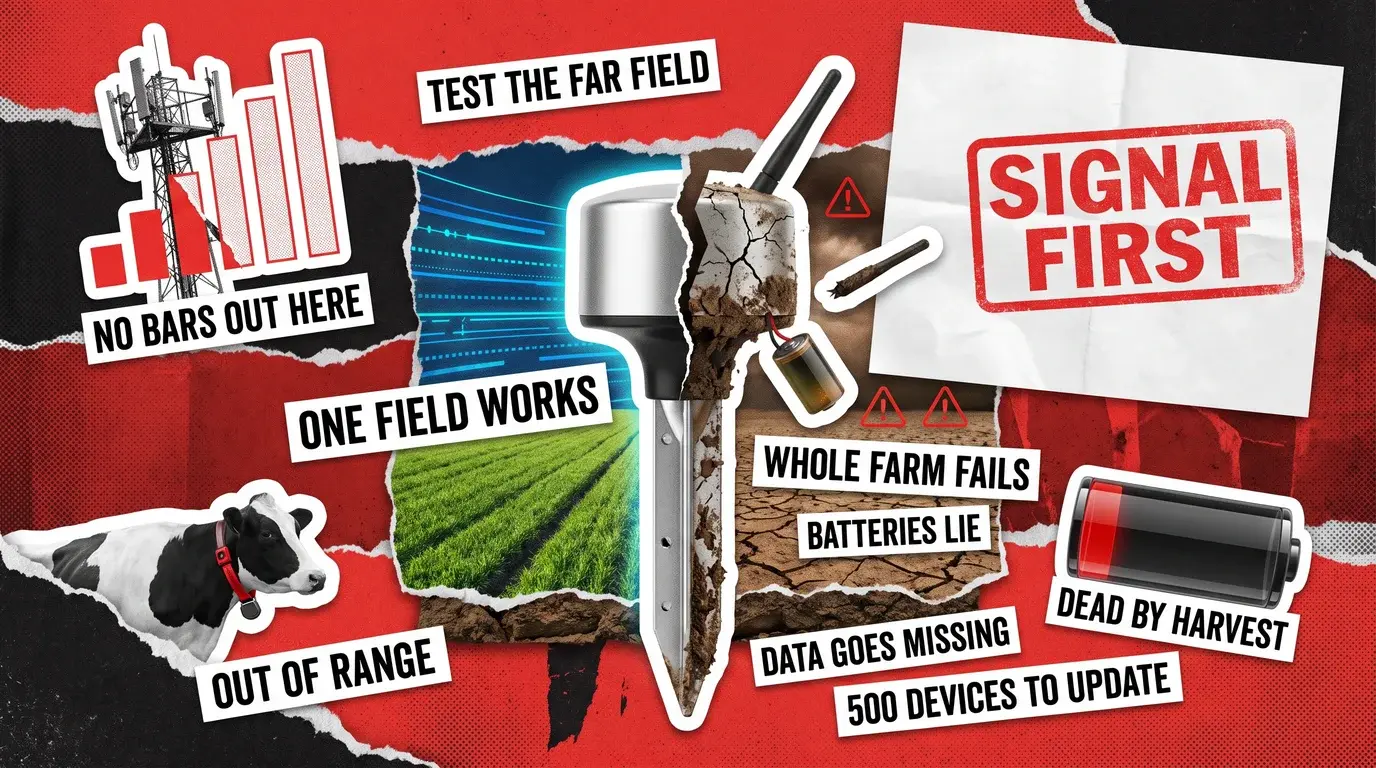Torn-paper collage for a farm IoT guide: a soil probe splits a green field from cracked dry ground, surrounded by a cell tower with no signal bars, a cow in a tracking collar, a drained battery and a 'Signal First' stamp.