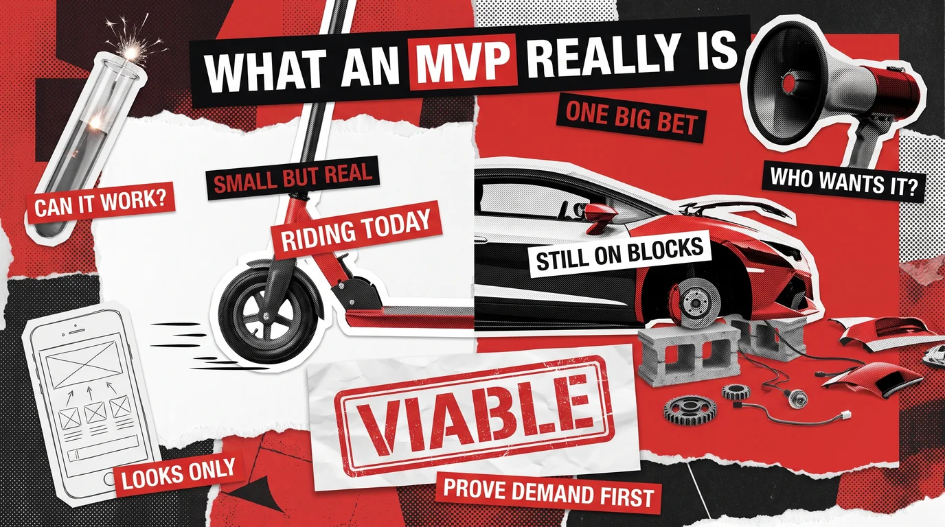 Collage cover: a working kick scooter labeled Riding Today beside a half-built car on cinder blocks labeled Still on Blocks, under the headline What an MVP Really Is