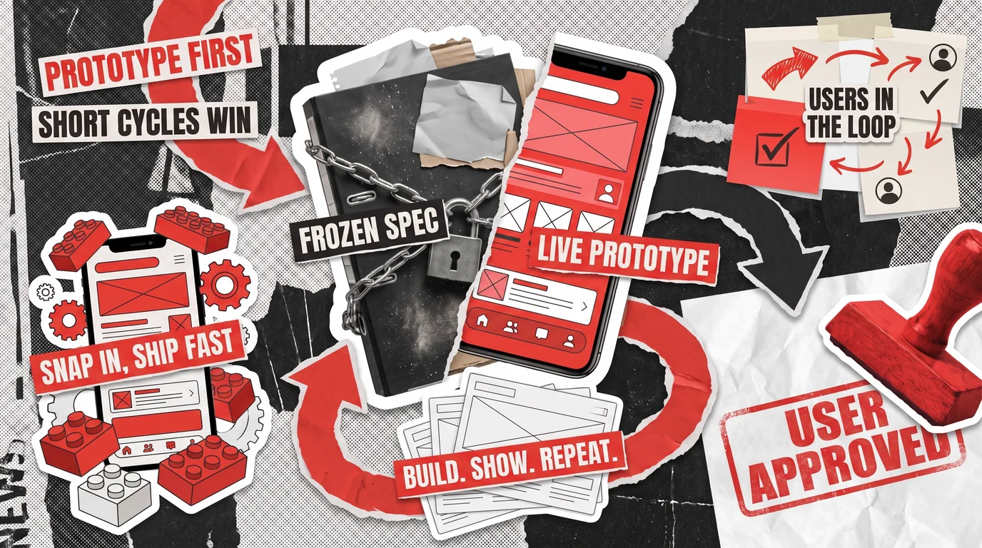Collage cover: a phone split between a padlocked frozen spec binder and a live app prototype, with loop arrows, building bricks, sticky notes and a user approved stamp