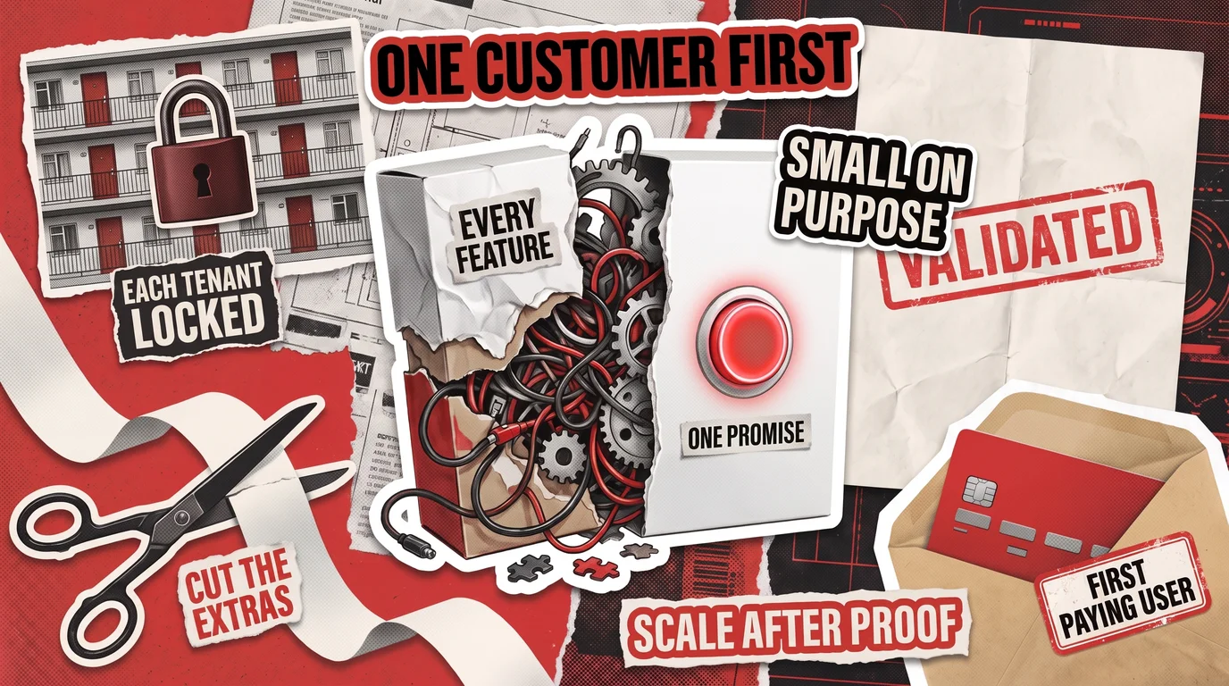Collage cover: a torn product box split between a tangle of features and one red button, with labels such as One customer first and Small on purpose