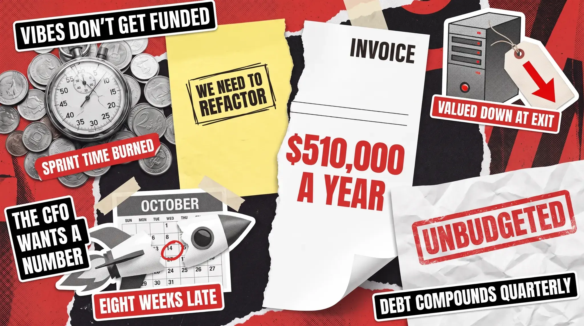 Poster collage cover: a torn invoice split between a sticky note reading We need to refactor and an invoice totalling $510,000 a year, with a stopwatch on coins, an UNBUDGETED stamp and a price tag marked valued down at exit