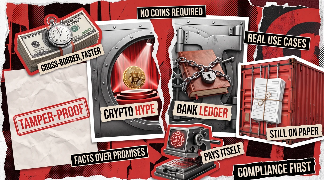 Collage cover: a bank vault split between crypto hype and a chained bank ledger, with labels on tamper-proof records, faster cross-border payments, and compliance