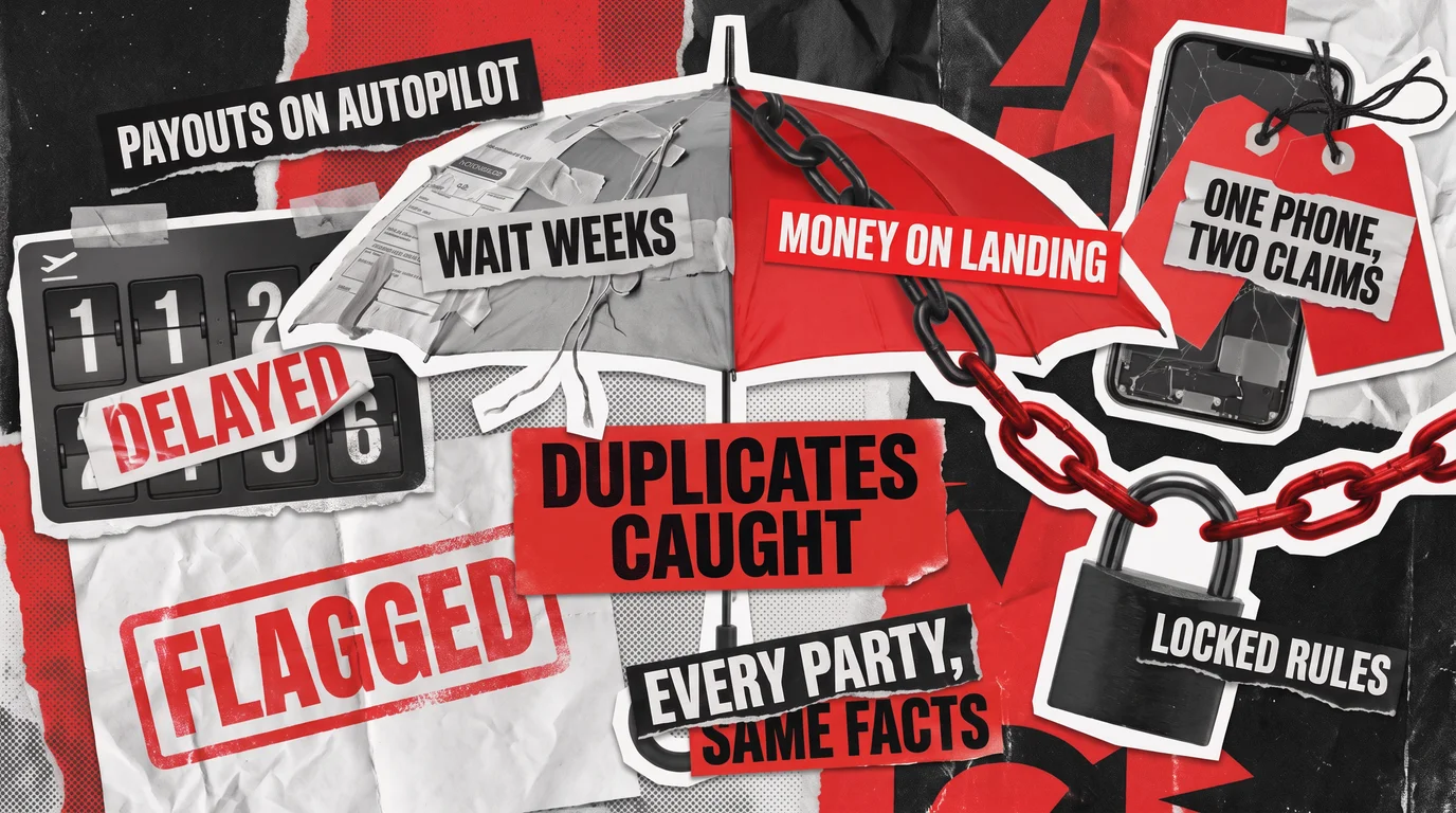 Collage cover with a split umbrella, half patched with paper forms and half held by chain links, a delayed flight board, a phone with two claim tags, a FLAGGED stamp, and a padlock
