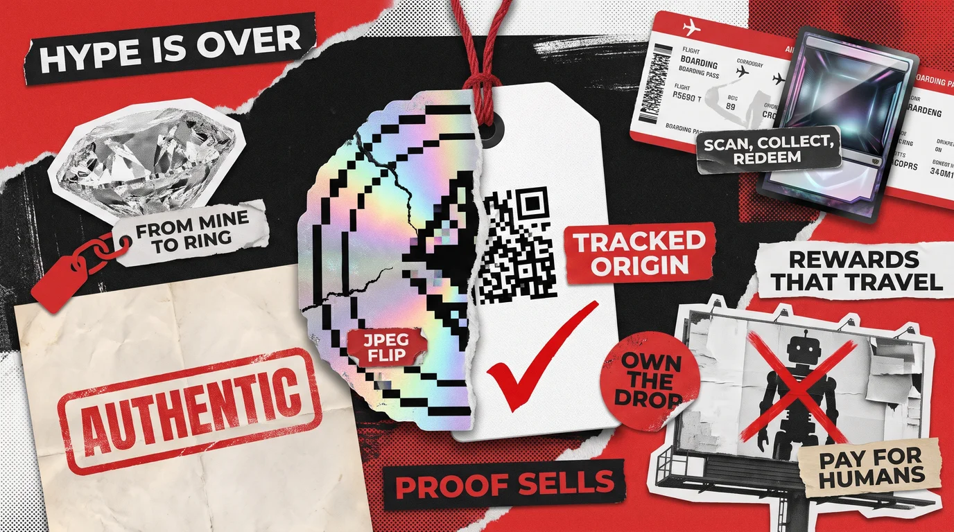 Collage cover: a product tag split between a cracked holographic NFT token and a verified QR tag, with a diamond, a boarding pass turned trading card, an AUTHENTIC stamp, and a billboard crossing out a bot