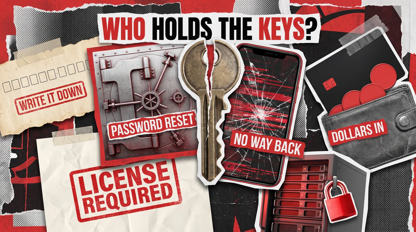 Collage cover: a key torn between a bank vault and a cracked phone, with labels on password reset, no way back, license required, and dollars in