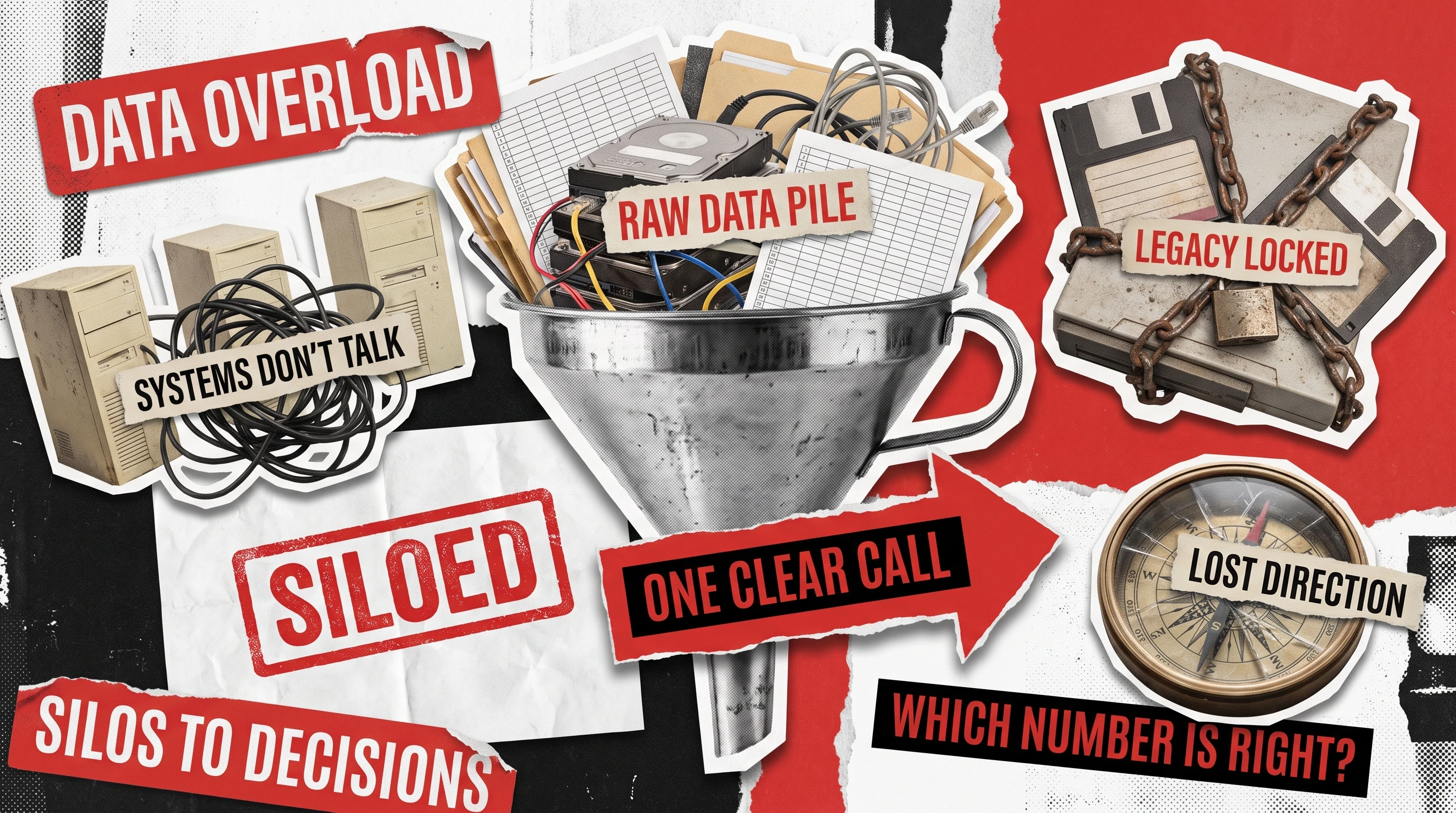 Collage of a metal funnel overflowing with folders, hard drives, and cables feeding a red arrow, surrounded by tangled old servers, a SILOED stamp, chained floppy disks, and a cracked compass