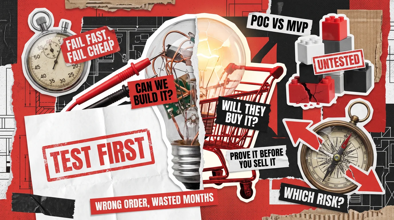PoC vs MVP cover: a lightbulb split between test probes asking CAN WE BUILD IT? and a shopping cart asking WILL THEY BUY IT?
