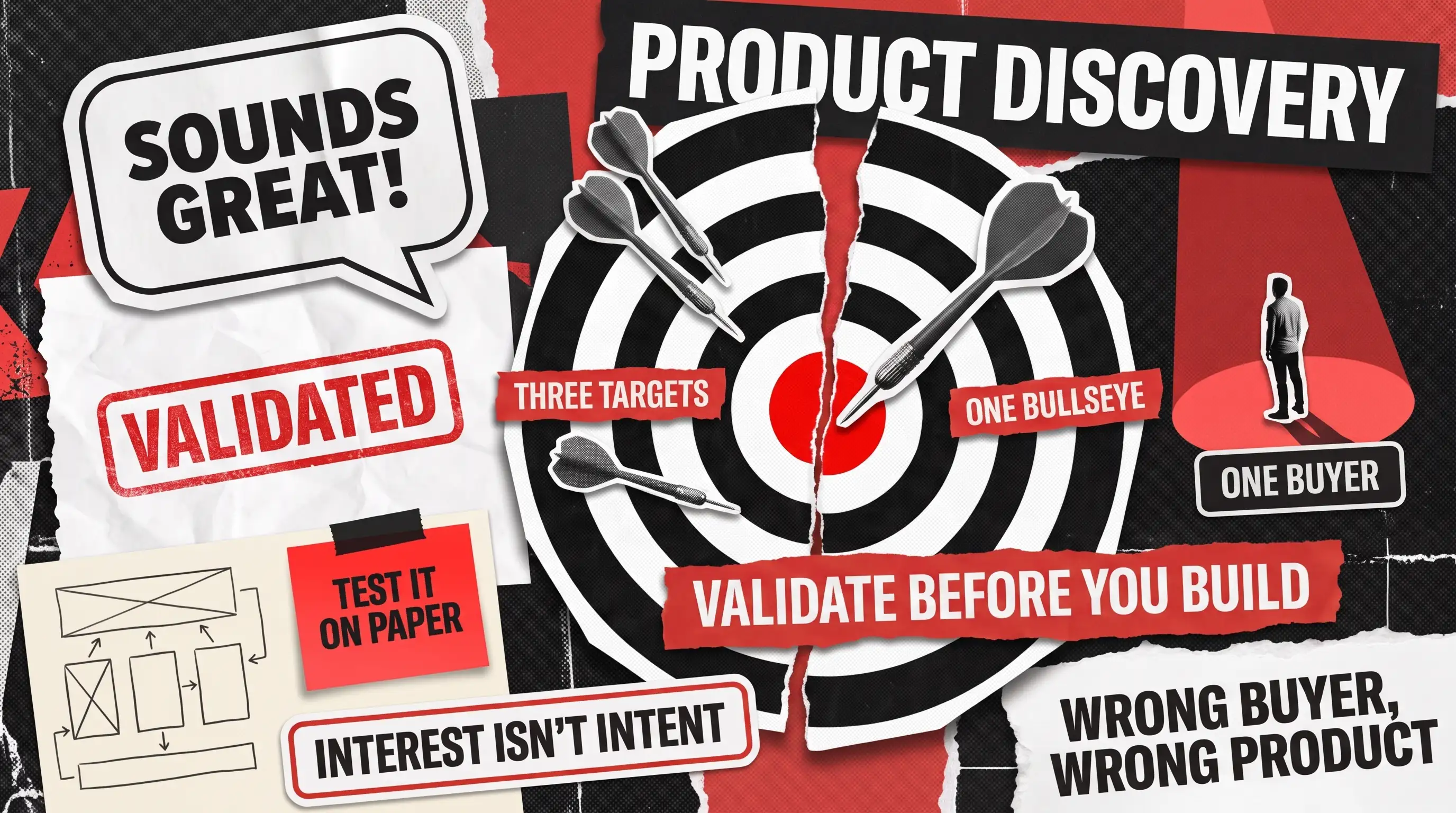 Paper collage with a split dartboard: three darts scattered on one half and one dart in the bullseye on the other, next to a speech bubble, a VALIDATED stamp and a paper wireframe